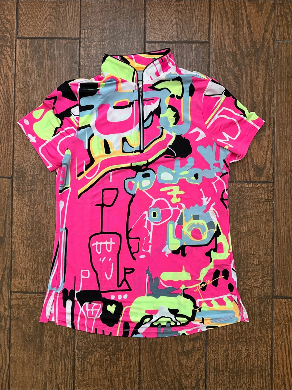 Jamie Sadock Doodle Abstract Pop Art Vibrant Pink Golf Polo - Size Tag Cut Out